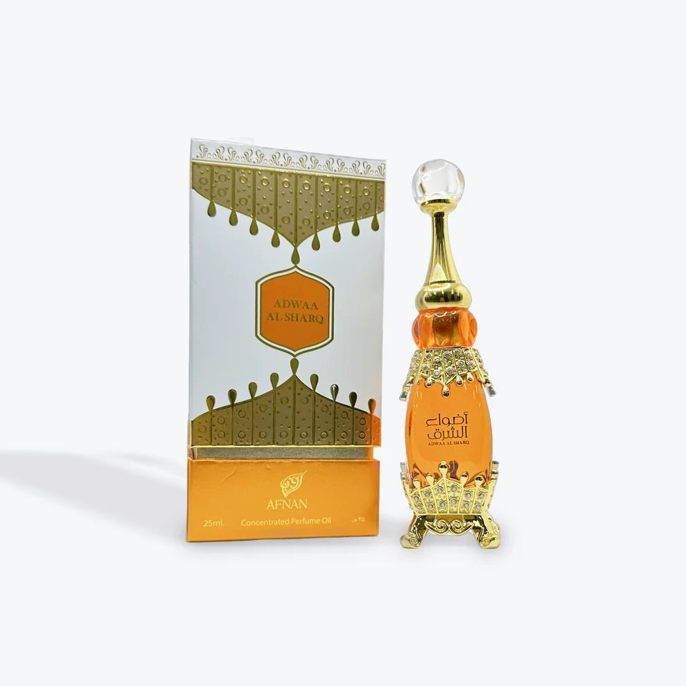 Afnan Adwaa Al Sharq 25ml concentrated perfume oil bottle and box