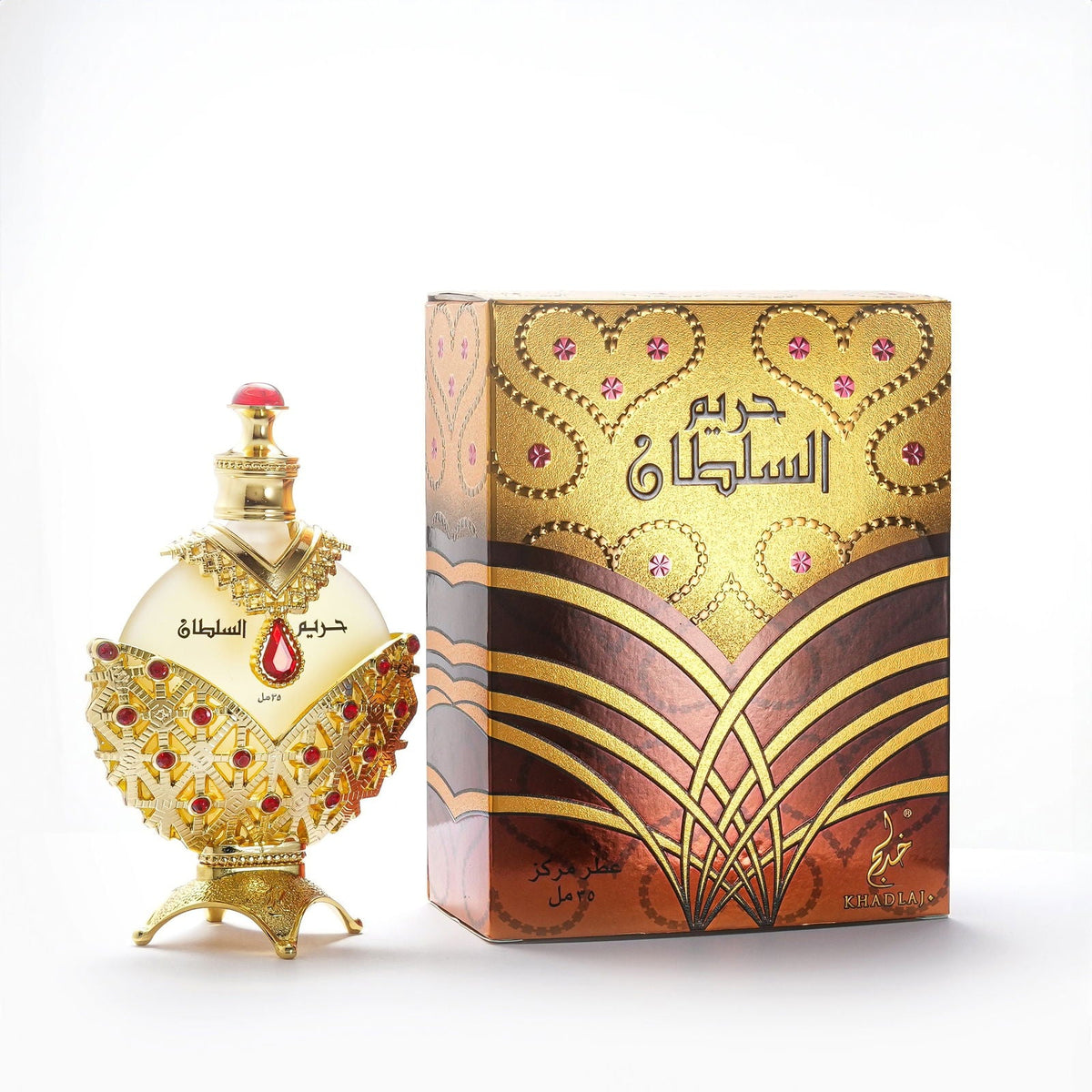 Official Khadlaj Hareem Al Sultan Gold 35ml concentrated perfume oil bottle and box