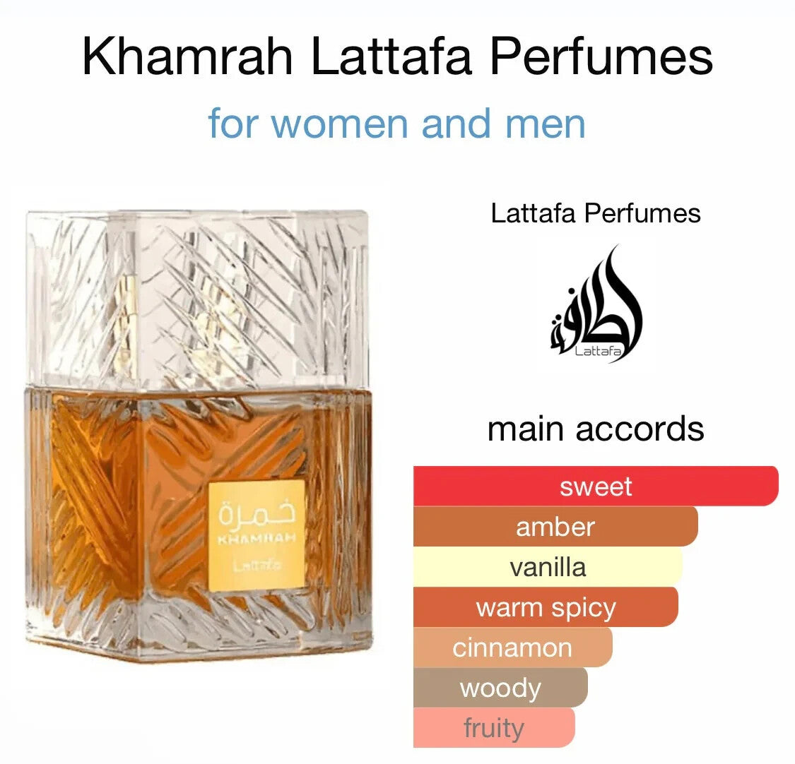 Lattafa Khamrah 100ml Eau de Parfum bottle and presentation box
